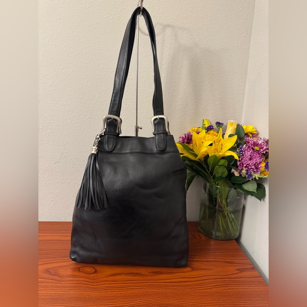 Black Leather Shoulder Bag with Tassel